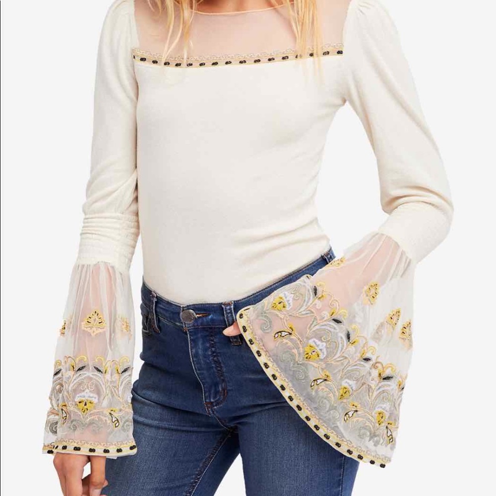 Free People top embroidered bell sleeves M NWOT